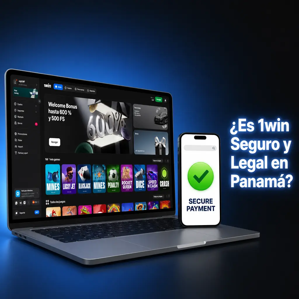 Logotipo de 1win con escudo de seguridad y bandera de Panamá, representando licencia legal y cifrado SSL