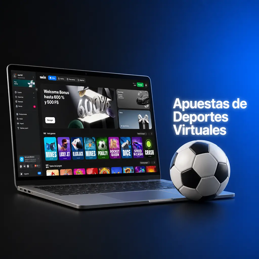 Pantalla de apuestas en deportes virtuales de 1win con fútbol, carreras y tenis disponibles en Panamá