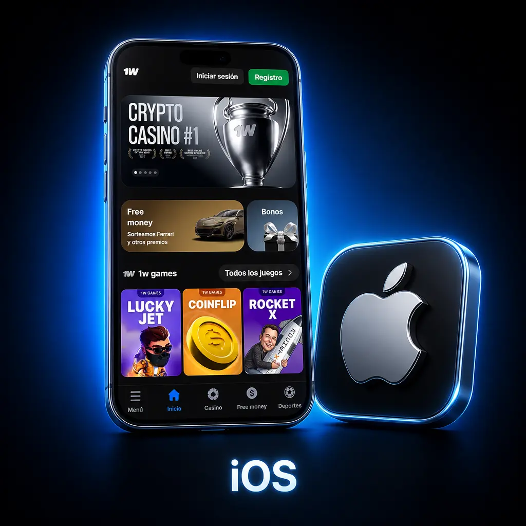 App de 1win para iOS en iPhone y iPad con iOS 12.0 o superior, disponible en el App Store