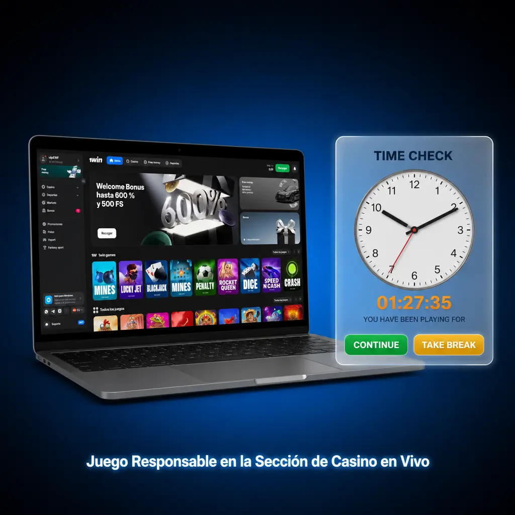 Jugador responsable configurando límites de apuesta en casino en vivo de 1win para controlar su sesión de juego