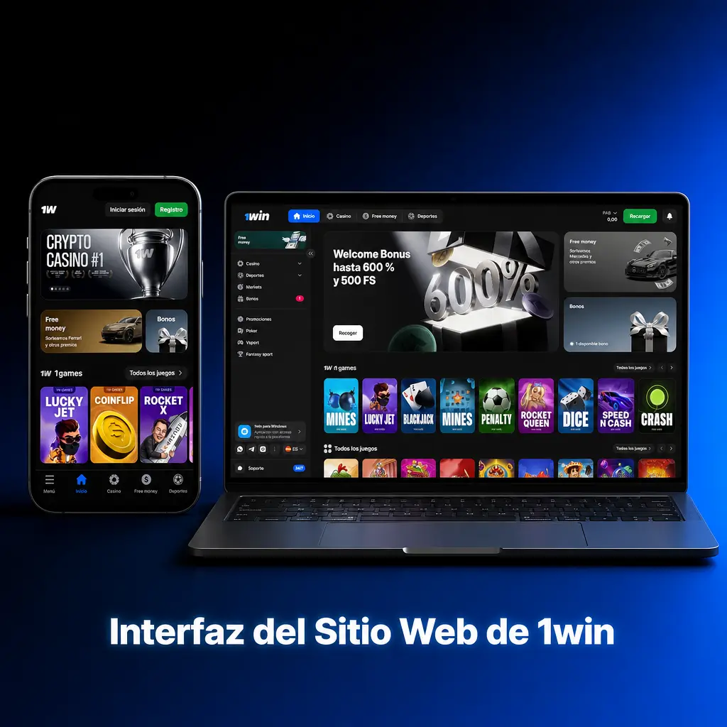 Barra de navegación superior del sitio web 1win con secciones de Deportes, Casino, Promociones y opciones de personalización